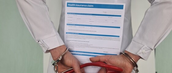 Doctor hands in handcuffs hold medical insurance