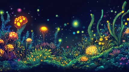 Fototapeta premium Exploring a vibrant microscopic ecosystem filled with friendly microbes under a starry backdrop. Generative AI