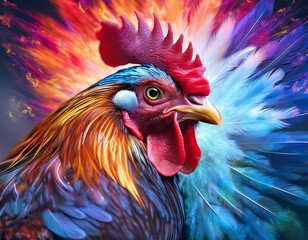 colorful rooster with vibrant feathers and abstract background artistic concept