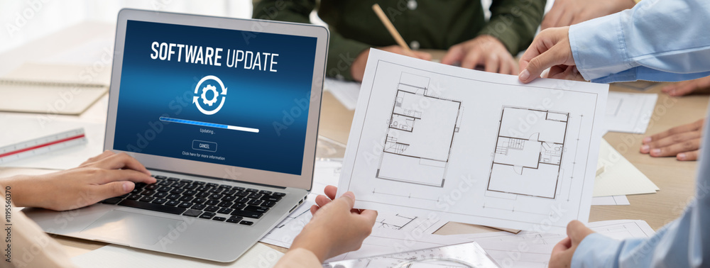 Poster software update on computer for brisk version of device software upgrade