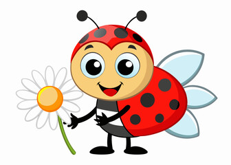 Cartoon Anthropomorphic Ladybug Holding Daisy Flower with Cheerful Expression
