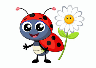 Cartoon Anthropomorphic Ladybug Holding Daisy Flower with Cheerful Expression