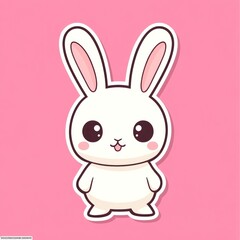 Fototapeta premium Cute white bunny sticker on pink background, digital illustration, kawaii style