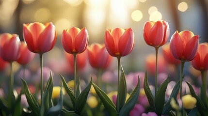 Vibrant tulips in sunlit garden with a dreamy bokeh background