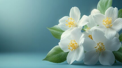 White jasmine flowers with lush green leaves on soft blue background