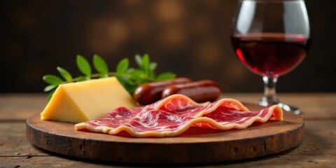 A delectable arrangement of cured meat, aged cheese, and savory sausages, artfully presented on a rustic wooden board, complemented by a glass of rich red wine.