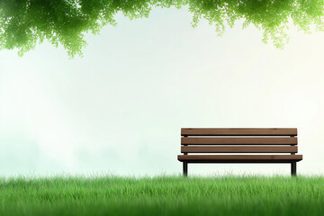 Fototapeta premium Serene wooden bench in a lush grassy area under green tree canopy