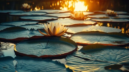 Obraz premium Sunset lighting on giant lilies in the Pantanal.