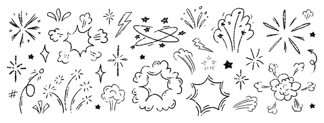 Crayon Pencil Comic Boom Explosion Vector Set. Chalk Scribble Graffiti Sturburst Cartoon Splash Firework Shapes Collection. Hand Drawn Brush Texture Squiggles. Pencil Motion Sparks Charcoal Doodles © createvil