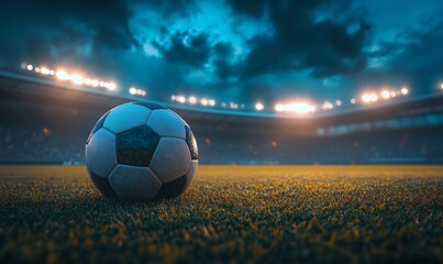 A dramatic shot of a soccer ball on the grass field, with powerful stadium spotlights