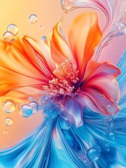 Obraz premium Vibrant orange flower blossoms softly in swirling blue water warm light. AI Generated