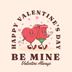 Valentines Day Groovy Heart and Rose Bud Flower Retro Character Label. Cartoon Love Holiday Personage. Vector Cute Valentine Mascot Template Background. Happy Vintage Cool Illustration. Isolated