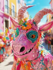 Obraz premium A person in a bright animal costume at the Santos Populares festival in Portugal, adding playful and colorful energy to the celebration