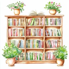 Watercolor bookshelf scene cozy library art illustration indoor eye-level book lovers dream
