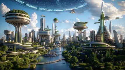futuristic cityscape and digital concept. Futuristic cityscape with greenery, advanced architecture, and a serene river under a vibrant sky.