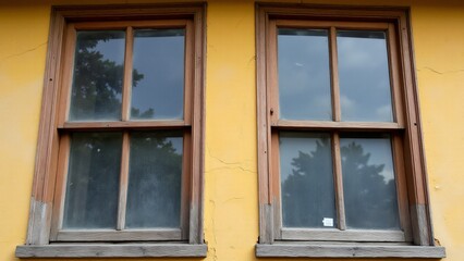 Fototapeta premium Wooden windows with cracked, rotted wood, scratched glass, warped frames, and deteriorating joints due to weathering. 