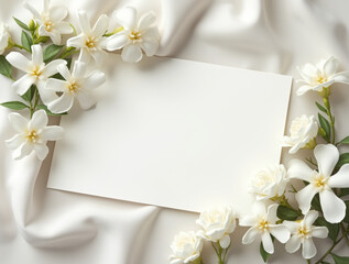 Elegant mockup with blank card and jasmine flowers on linen fabric background
