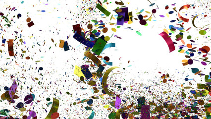A festive celebration with colorful confetti exploding and scattering on a white background. Perfect for birthday, party, or celebration design.