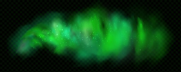 Realistic texture of fantastic smoke background. Green fog with glitter and shimmering glowing particles. Starry neon magic dust.