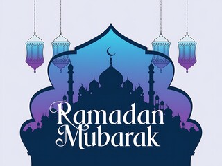 Ramadan Mubarak greeting with mosque and lanterns