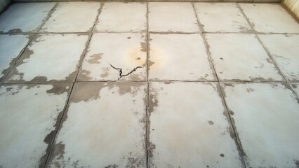 Obraz premium Concrete parking lot floor with cracks, oil stains, tire marks, chipped sections, and discoloration due to wear and environmental exposure. 