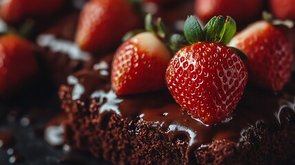Closeup of moist and flavorful flourless chocolate cake topped with fresh strawberry