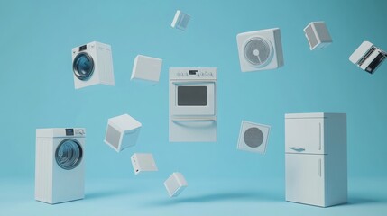 Levitating refrigerator, gas stove and air conditioner on a blue studio background.