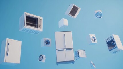 A group of household appliances, including a refrigerator and a washing machine, in a state of levitation on a blue background.