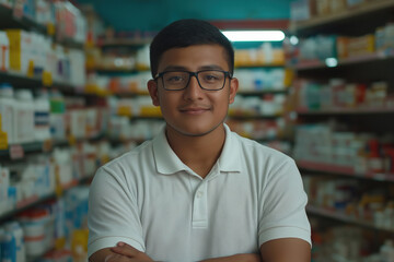 Fototapeta premium Young man stands confidently in a pharmacy aisle surrounded by medication