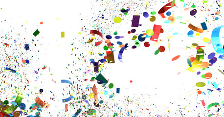A festive celebration image featuring a burst of colorful confetti and ribbons against a white background. Perfect for celebrations, parties, and events.