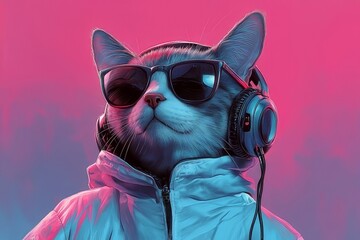 Creative cat wearing headphones and sunglasses poses stylishly against a vibrant pink and blue background in a fun artistic setting