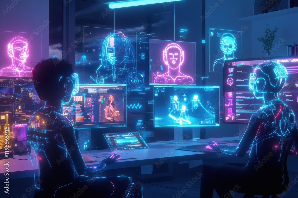 Aufkleber Digital workspace featuring virtual avatars interacting with advanced technology in a futuristic environment. Generative AI