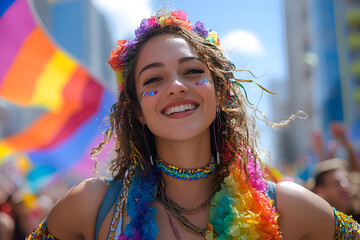 Portrait of young people rallying for LGBTQ+ rights at a Pride month parade with diversity and rainbow flags