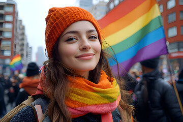 Portrait of young people rallying for LGBTQ+ rights at a Pride month parade with diversity and rainbow flags