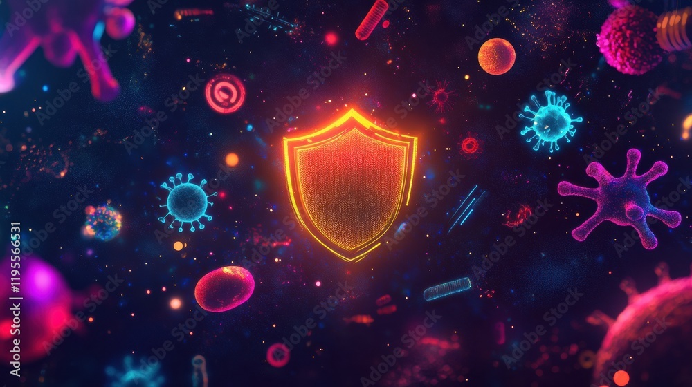 Poster Shield technology designed to deflect harmful microbes for enhanced safety and protection in various environments. Generative AI