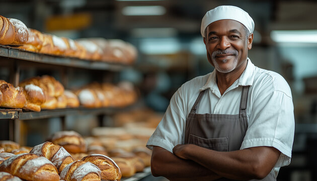 senior baker and loafs of bread