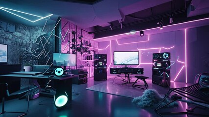 Neon-lit gaming room with computers, consoles, and futuristic furniture.