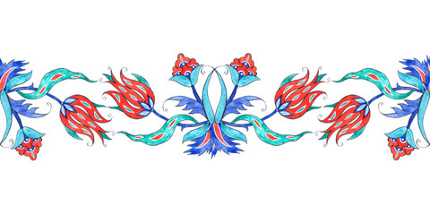 Turkish tulip flowers and leaves, fantasy decor element. Seamless pattern, border of watercolor illustrations in oriental style. For design, souvenirs, printing, textiles, wallpaper