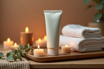 The tube placed on a wooden tray with spa elements like candles, towels, and eucalyptus leaves, evoking relaxation and luxury