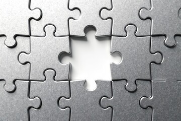 Fototapeta premium A metallic jigsaw puzzle with a single missing piece symbolizing the concept of an incomplete solution, a missing element, or a gap in a process that requires completion to achieve a whole.