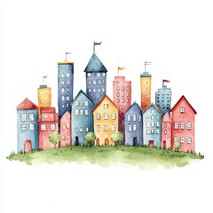 Charming watercolor cityscape urban landscape artwork vibrant environment front view creative expression