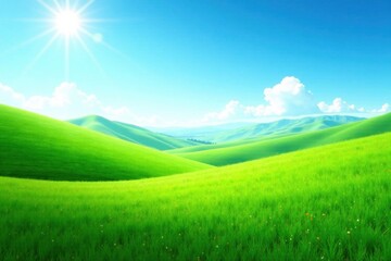 Serene rolling hills bathed in sunlight, a vibrant green landscape under a bright summer sky, wildflowers dotting the meadow