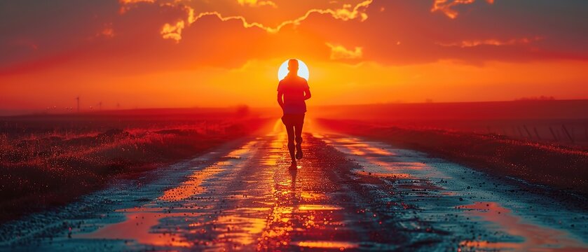 Silhouette of runner in sportswear on empty road at sunset 