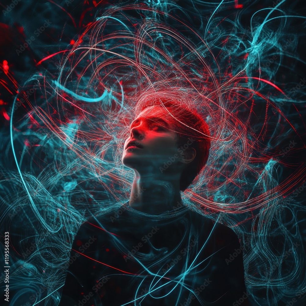 Leinwandbilder person experiences surreal moment of reflection amidst vibrant swirling lines and abstract shapes in