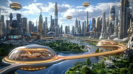 futuristic cityscape and digital concept. Futuristic cityscape with advanced architecture and flying vehicles over lush greenery.