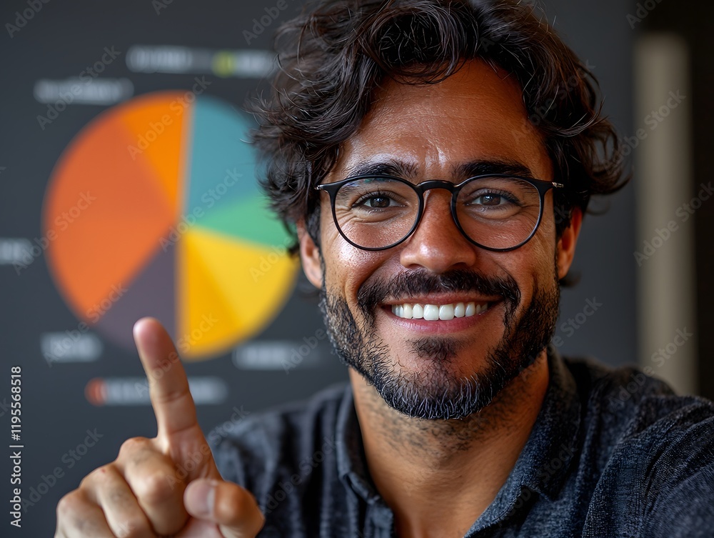 Aufkleber Confident man gestures with index finger while smiling, presenting information in front of colorful pie chart in modern office setting with relaxed atmosphere
