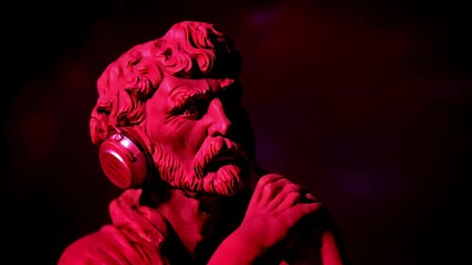 Antique statue wearing headphones, disco Stoic Greek Philosopher Thinking Man - Powered by Adobe