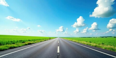 Asphalt Road Stretching Towards a Vivid Green Field Under a Bright Summer Sky with Fluffy White Clouds