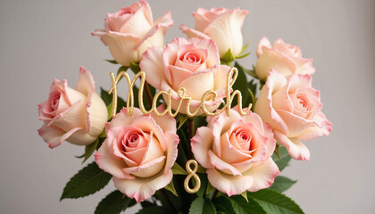 Bouquet of pink roses with golden March 8 decoration