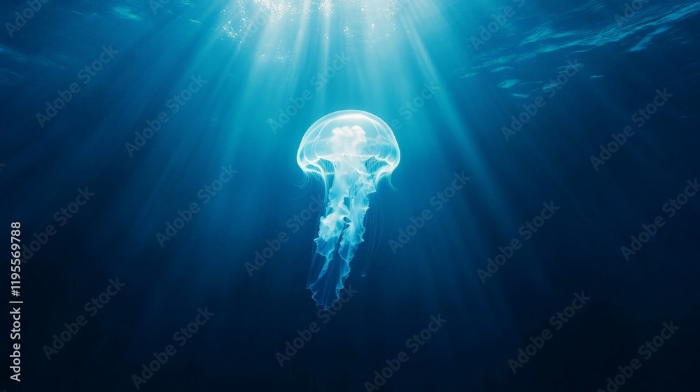 Poster sunbeams illuminating a jellyfish gliding gracefully through the deep blue ocean create a mesmerizin